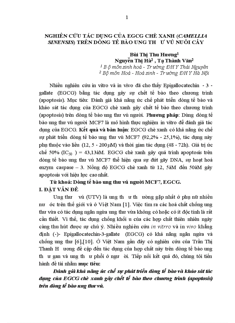 image for page Đánh giá khả năng ức chế sự phát triển dòng tế bào và khảo sát tác dụng của EGCG chè xanh gây chết tế bào theo chương trình (apoptosis) trên dòng tế bào ung thư vú