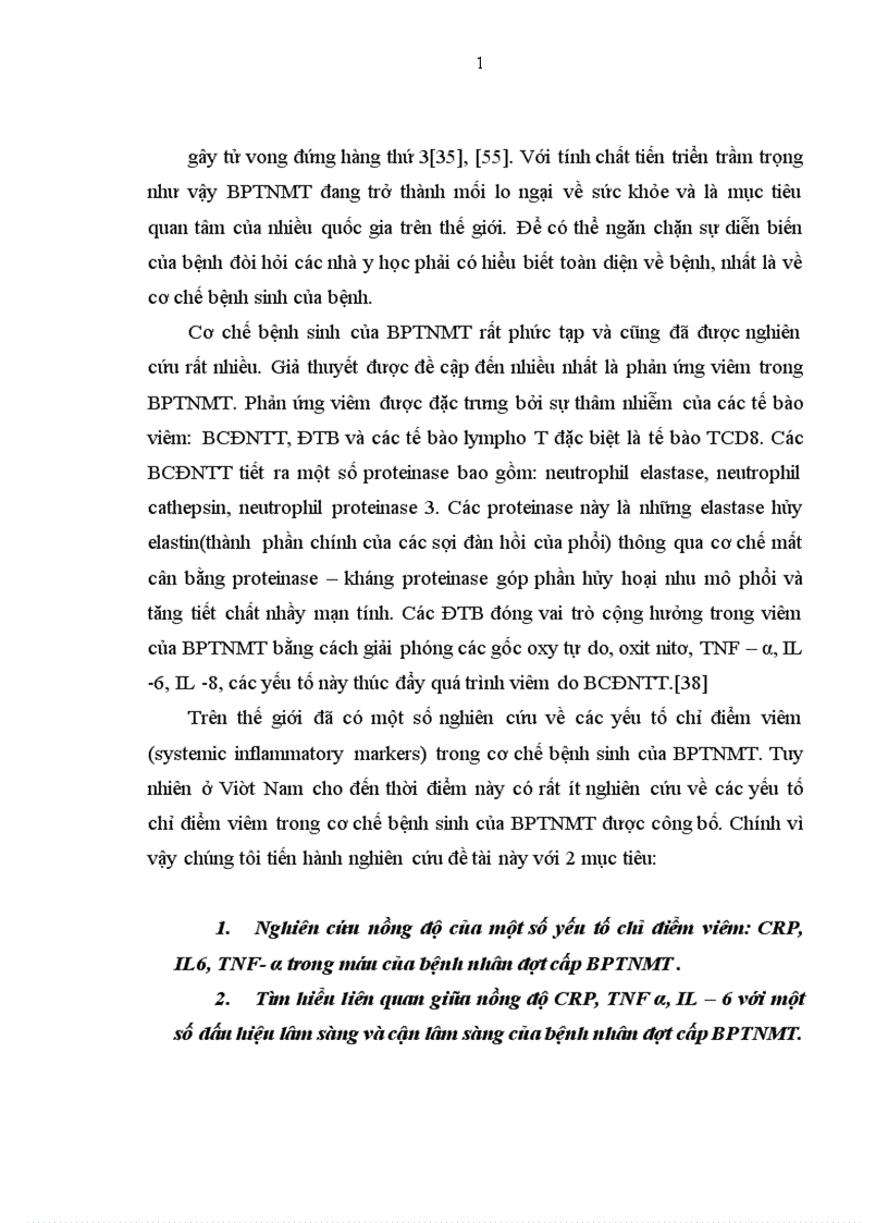 Tìm hiểu liên quan giữa nồng độ CRP, TNF α, IL – 6 với một số dấu hiệu lâm sàng và cận lâm sàng của bệnh nhân đợt cấp BPTNMT.