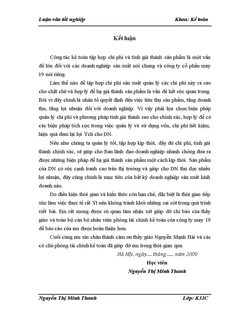 image for page Tổ chức công tác kế toán chi phí sản xuất và tính giá thành sản phẩm tại công ty cổ phần may 19 Hà Nội - 2009