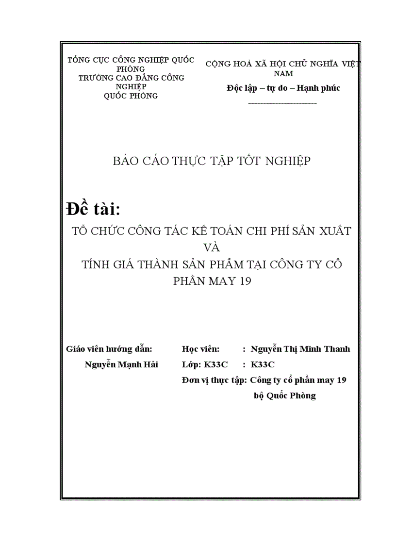 image for page Tổ chức công tác kế toán chi phí sản xuất và tính giá thành sản phẩm tại công ty cổ phần may 19 Hà Nội - 2009