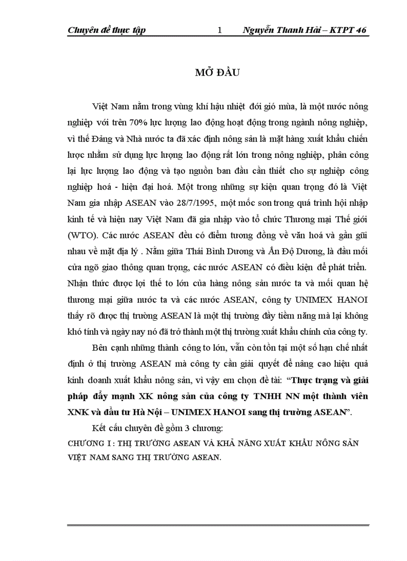 image for page Thực trạng và giải pháp đẩy mạnh XK nông sản của công ty TNHH NN một thành viên XNK và đầu tư Hà Nội – UNIMEX HANOI sang thị trường ASEAN