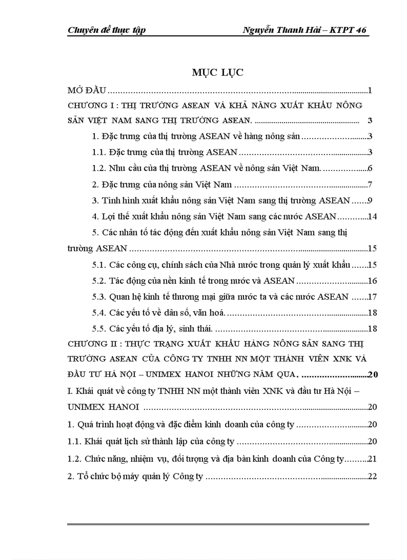 image for page Thực trạng và giải pháp đẩy mạnh XK nông sản của công ty TNHH NN một thành viên XNK và đầu tư Hà Nội – UNIMEX HANOI sang thị trường ASEAN