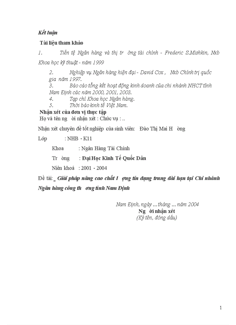 image for page Một số giải pháp nâng cao chất lượng tín dụng trung dài hạn tại Chi nhánh Ngân hàng Công thương tỉnh Nam Định” cho chuyên đề tốt nghiệp