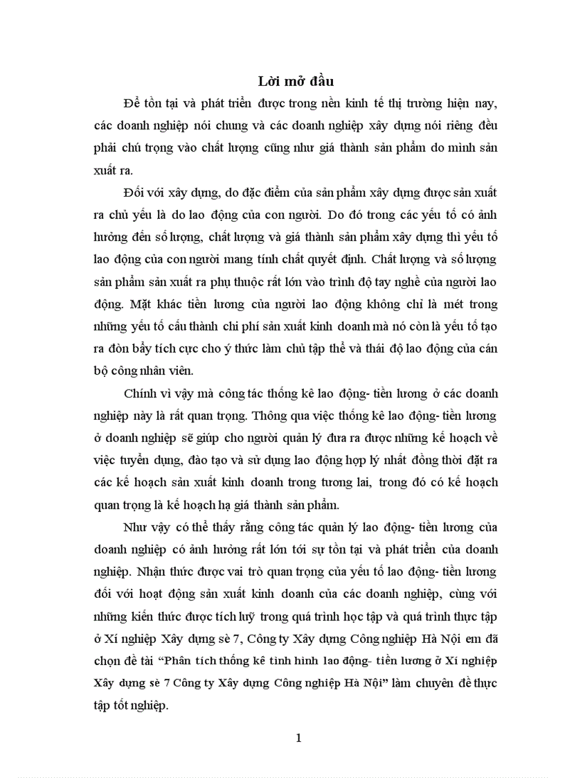 Phân tích thống kê tình hình lao động- tiền lương ở Xí nghiệp Xây dựng số 7 Công ty Xây dựng Công nghiệp Hà Nội