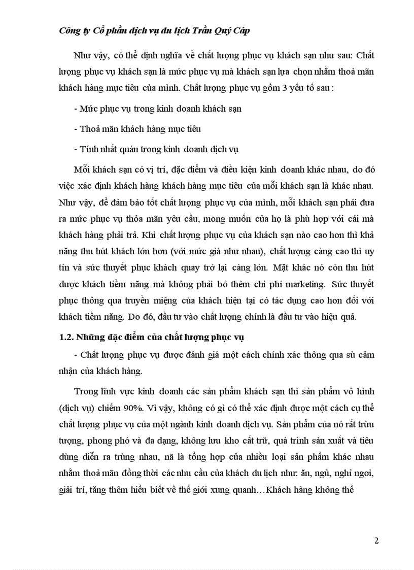 Thực trạng chất lượng phục vụ tại Công ty cổ phần dịch vụ du lịch trần quý cáp