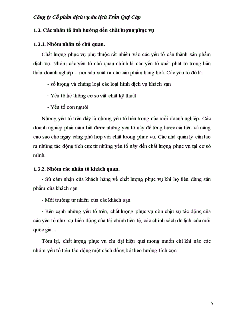 Thực trạng chất lượng phục vụ tại Công ty cổ phần dịch vụ du lịch trần quý cáp