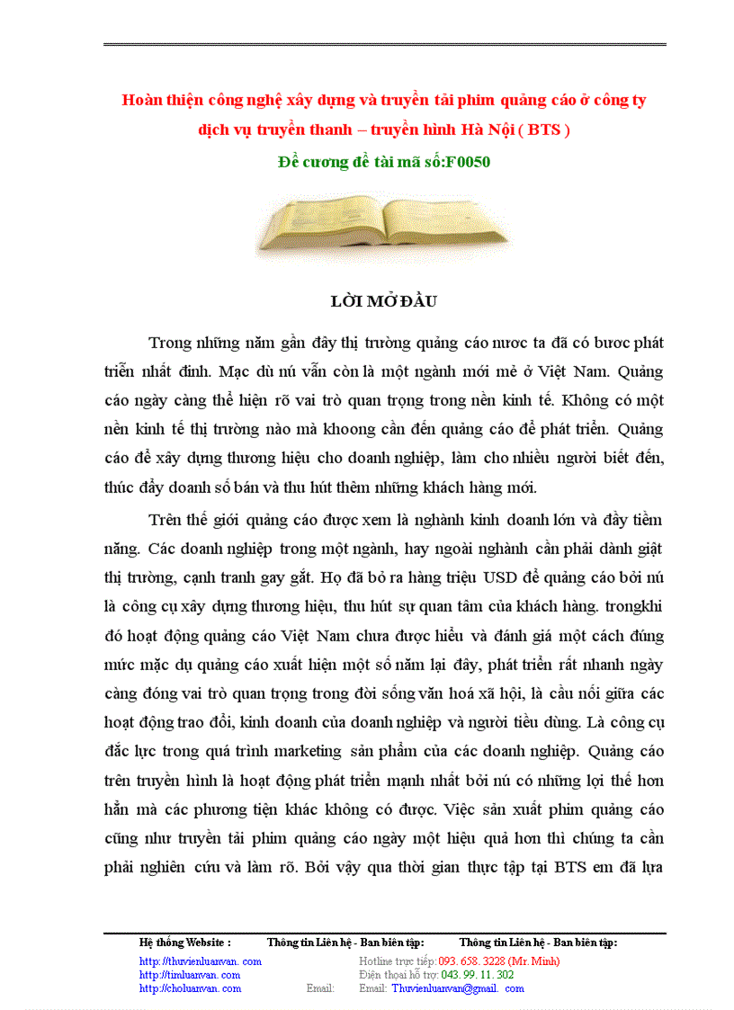 image for page Hoàn thiện công nghệ xây dựng và truyền tải phim quảng cáo ở công ty dịch vụ truyền thanh – truyền hình Hà Nội ( BTS )