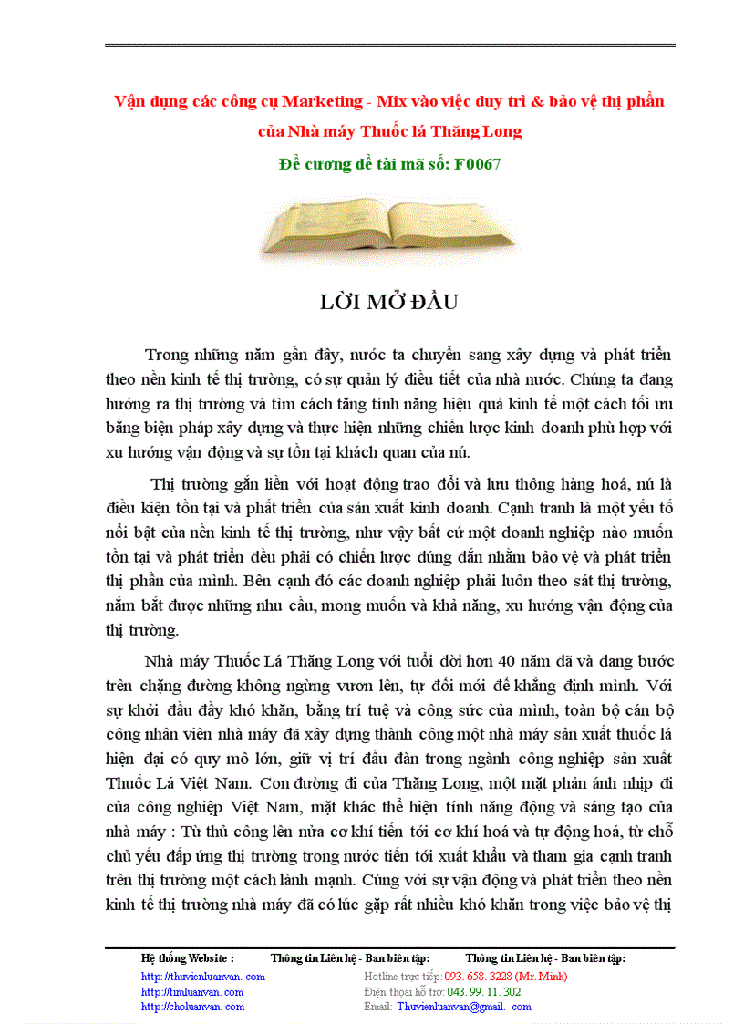 image for page Vận dụng các công cụ Marketing - Mix vào việc duy trì & bảo vệ thị phần của Nhà máy Thuốc lá Thăng Long