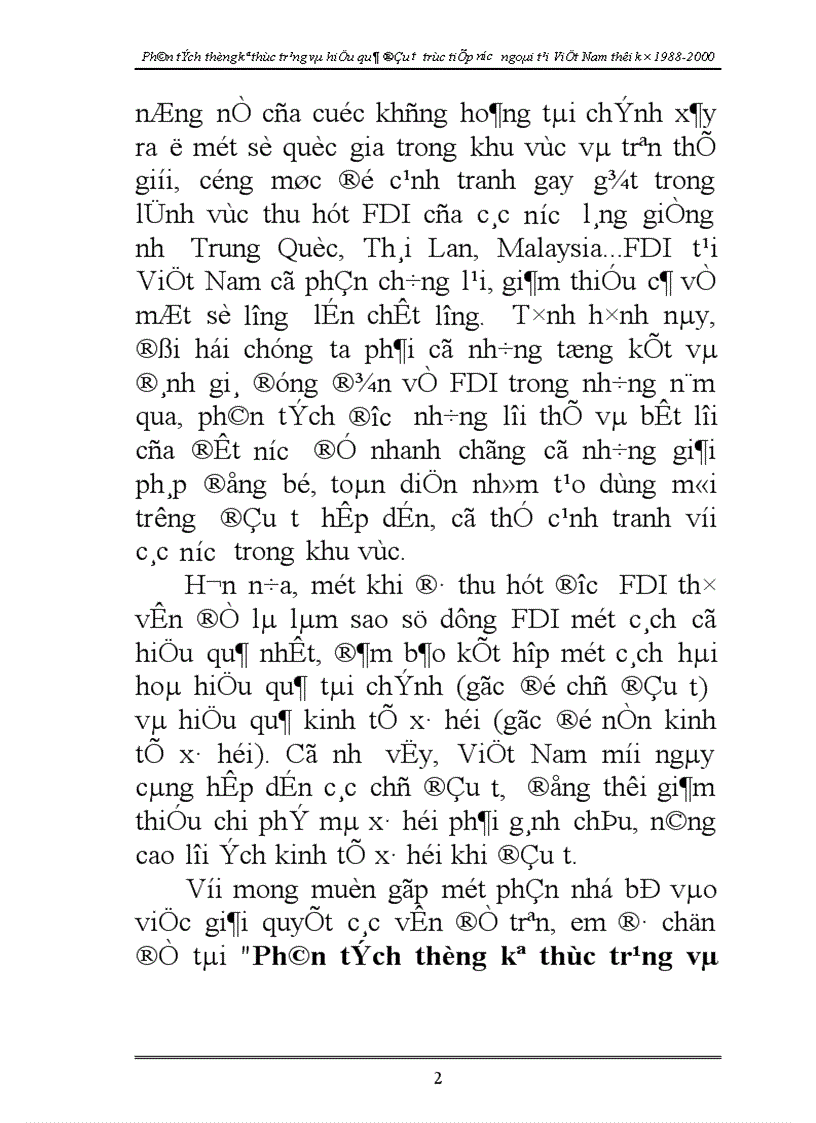 Phân tích thống kê thực trạng và hiệu quả đầu tư trực tiếp nước ngoài tại Việt Nam thời kỳ 1988 - 2000