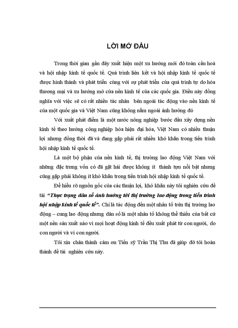 Thực trạng dân số ảnh hưởng tới thị trường lao động trong tiến trình hội nhập kinh tế quốc tế