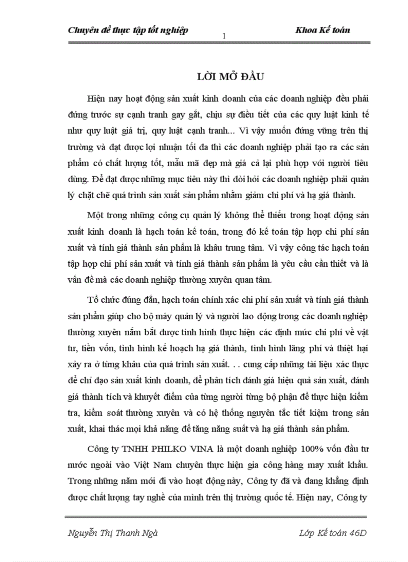 Hoàn thiện kế toán chi phí sản xuất và tính giá thành sản phẩm May gia công tại Công ty TNHH PHILKO VINA