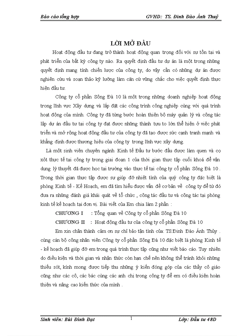 image for page Hoạt động đầu tư của CÔNG TY CỔ PHẦN SÔNG ĐÀ 10