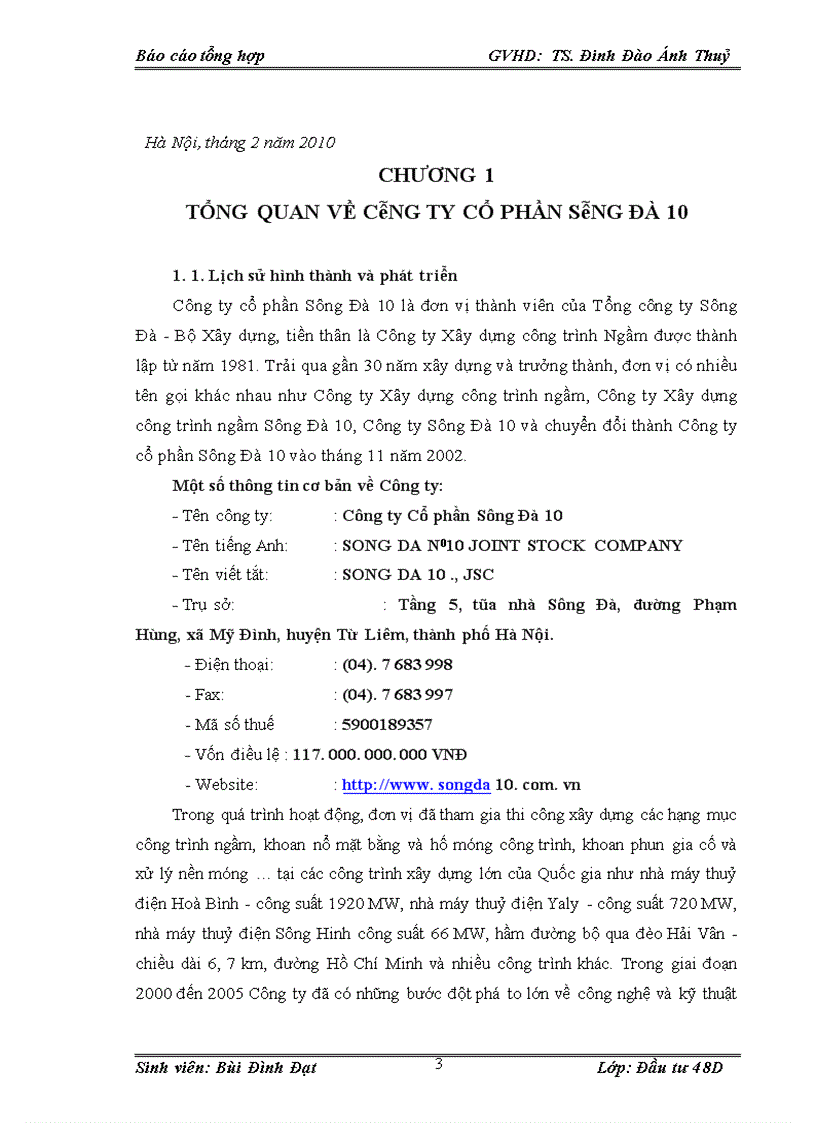 image for page Hoạt động đầu tư của CÔNG TY CỔ PHẦN SÔNG ĐÀ 10