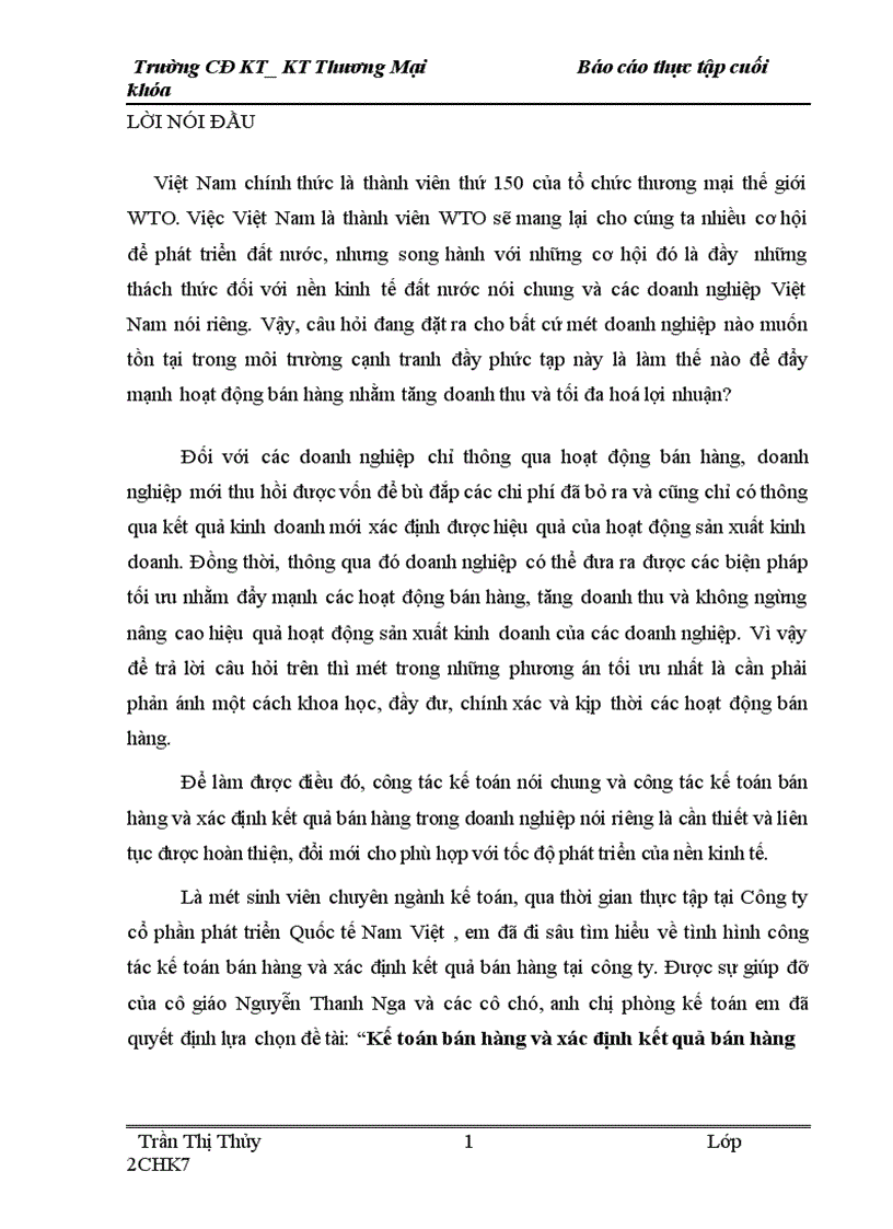 Kế toán bán hàng và xác định kết quả bán hàng tại công ty cổ phần phát triển quốc tế nam việt