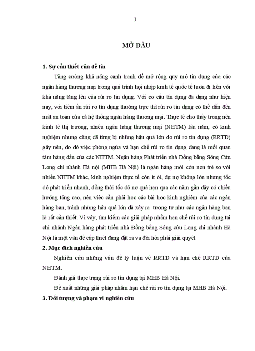 Thực trạng hạn chế rủi ro tín dụng tại ngân hàng phát triển nhà đồng bằng sông cửu long - chi nhánh hà nội