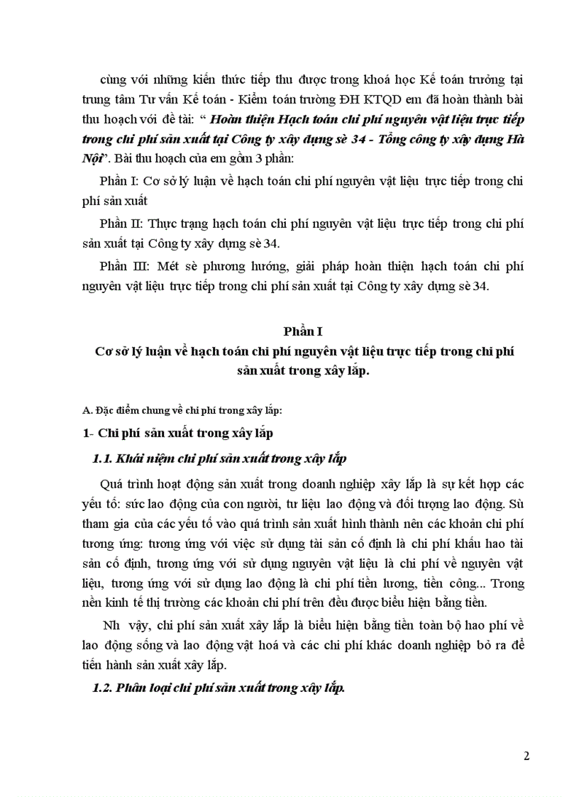 Hoàn thiện Hạch toán chi phí nguyên vật liệu trực tiếp trong chi phí sản xuất tại Công ty xây dựng số 34 - Tổng công ty xây dựng Hà Nội