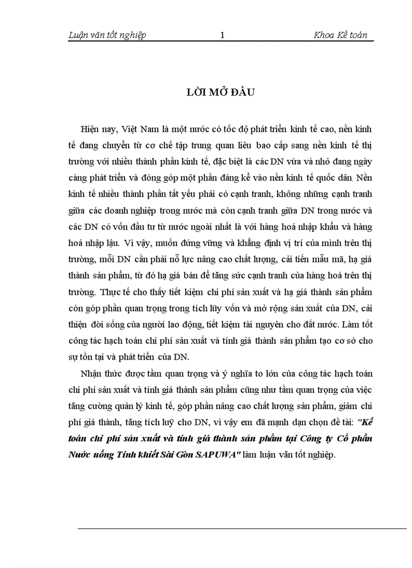 image for page Kế toán chi phí sản xuất và tính giá thành sản phẩm tại Công ty Cổ phần Nước uống Tinh khiết Sài Gòn SAPUWA