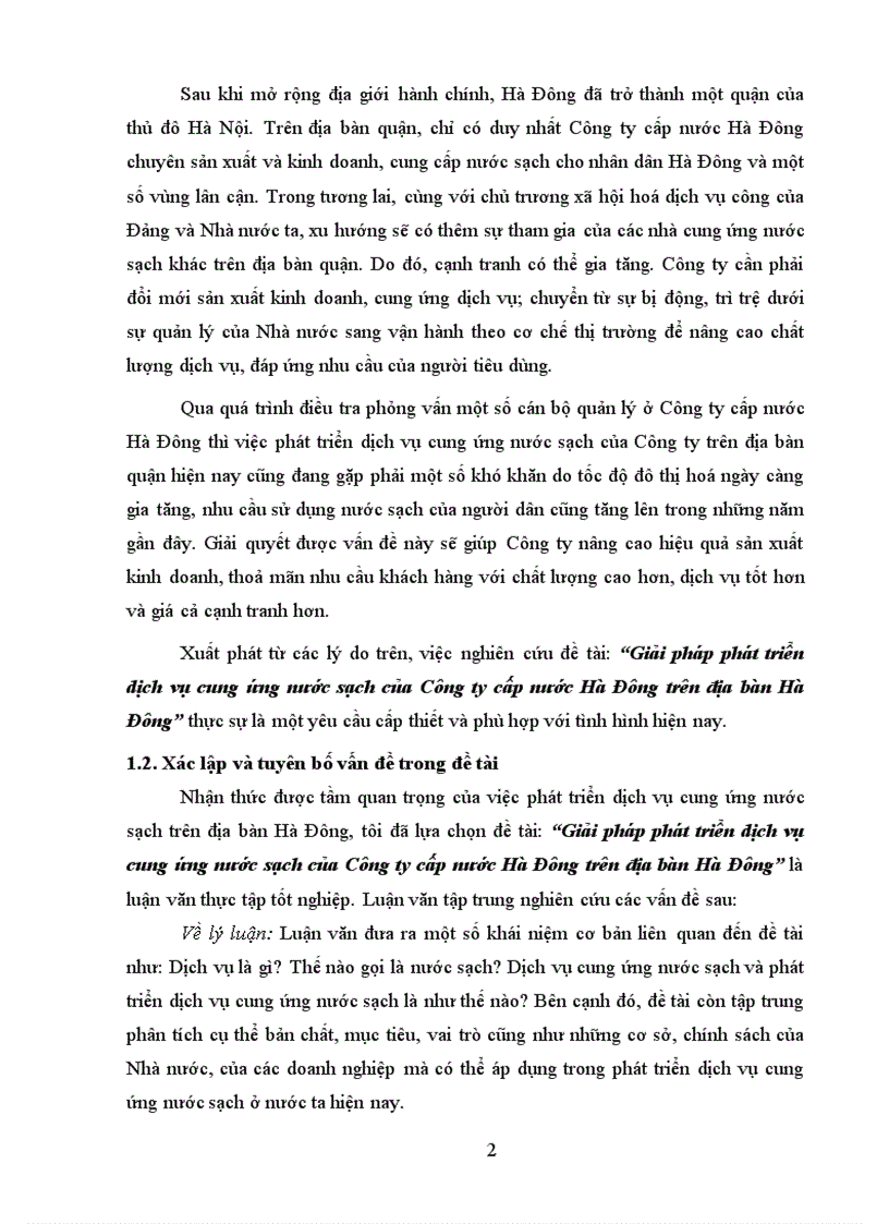Giải pháp phát triển dịch vụ cung ứng nước sạch của công ty cấp nước hà đông trên địa bàn Hà Đông