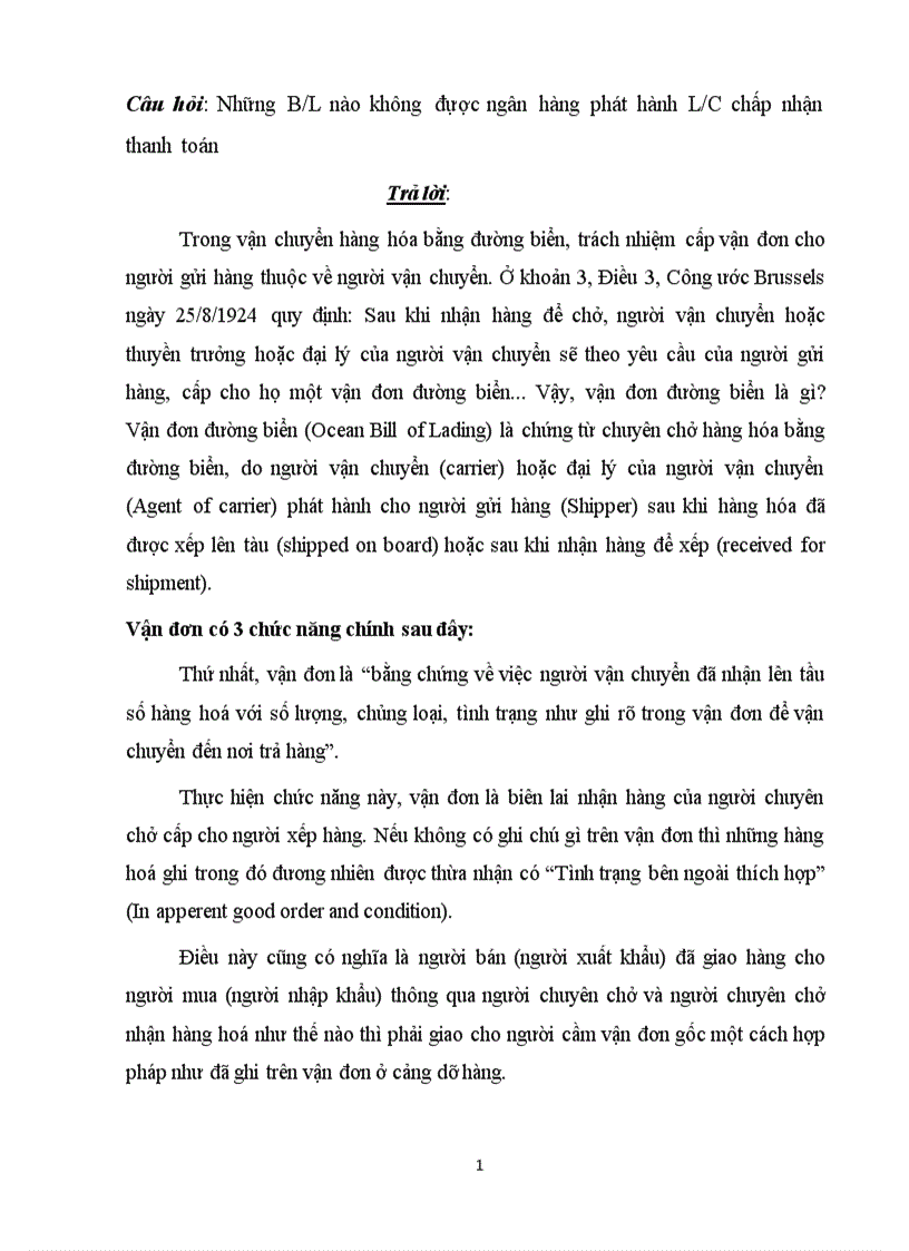 Tiểu luận thanh toán quốc tế: Những B/L nào không đựợc ngân hàng phát hành L/C chấp nhận thanh toán