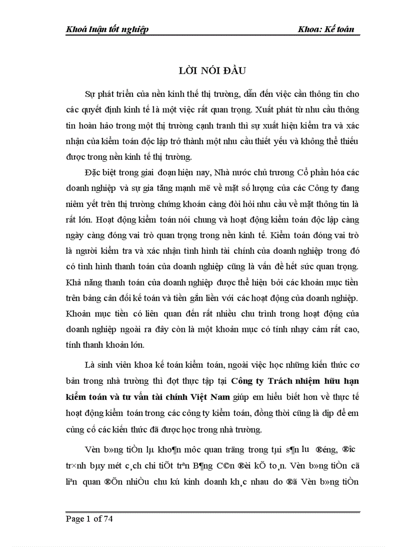 image for page Hoàn thiện quy trình kiểm toán vốn bằng tiền trong kiểm toán báo cáo tài chính do Công ty Trách nhiệm hữu hạn Kiểm toán và tư vấn tài chính Việt Nam thực hiện