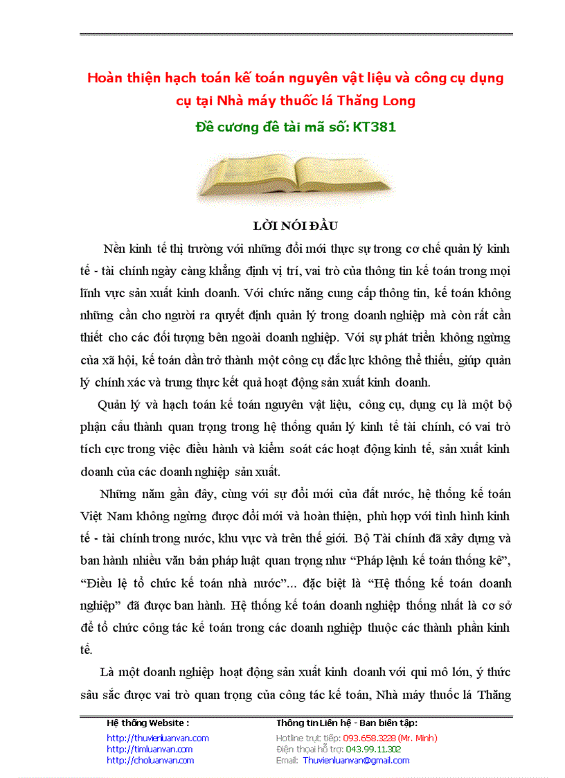 image for page Hoàn thiện hạch toán kế toán nguyên vật liệu và công cụ dụng cụ tại Nhà máy thuốc lá Thăng Long