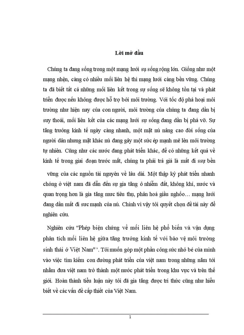 Phép biện chứng về mối liên hệ phổ biến và vận dụng phân tích mối liên hệ giữa tăng trưởng kinh tế với bảo vệ môi trường sinh thái ở Việt Nam