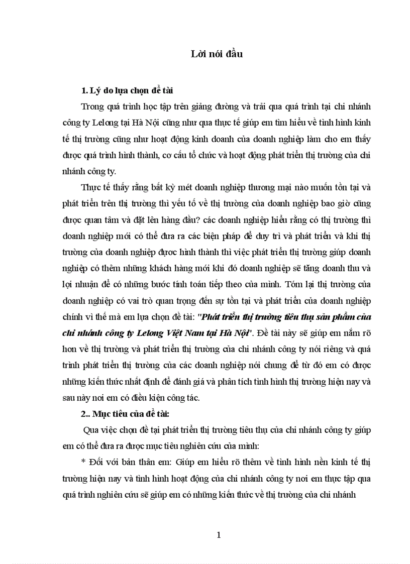 Phát triển thị trường tiêu thụ sản phẩm của chi nhánh công ty Lelong Việt Nam tại Hà Nội 1