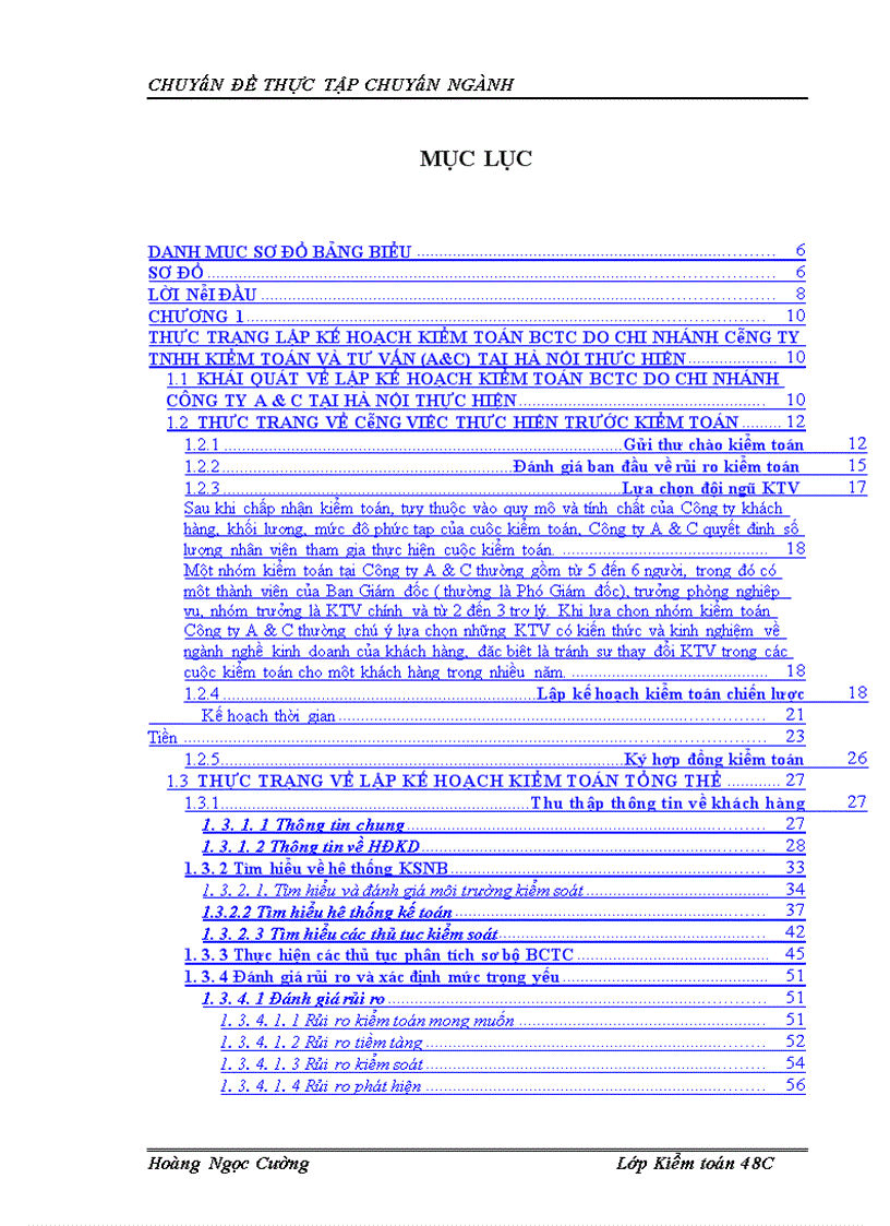 lập kế hoạch kiểm toán báo cáo tài chính do chi nhánh công ty tnhh kiểm toán và tư vấn a C tại hà nội