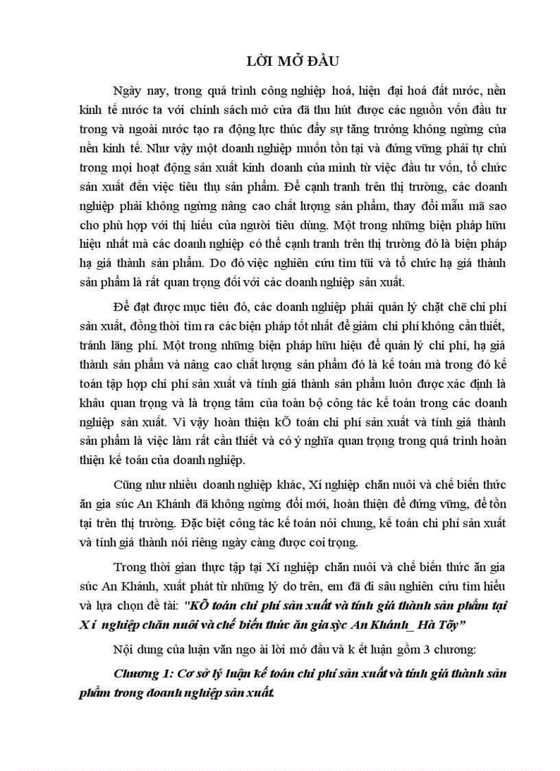 Kế toán chi phớ sản xuất và tớnh giỏ thành sản phẩm tại X ớ nghiệp chăn nuụi và chế biến thức ăn gia sỳc An Khỏnh Hà Tõy