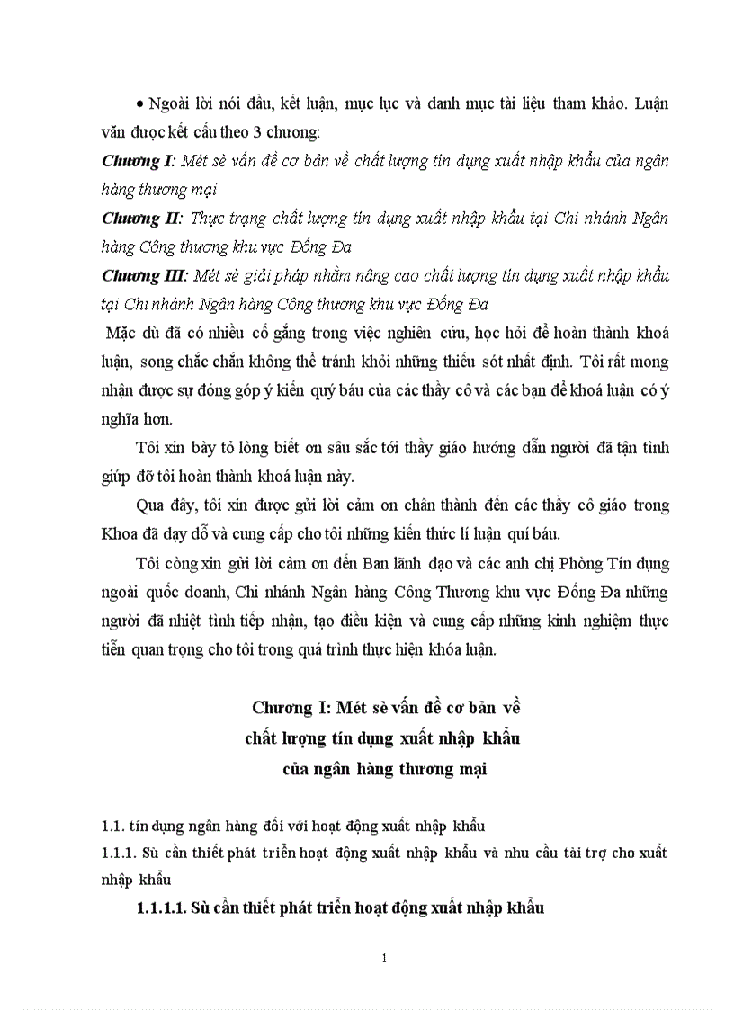 Một số giải pháp nhằm nâng cao chất lượng tín dụng xuất nhập khẩu tại Chi nhánh Ngân hàng Công thương khu vực Đống Đa 1