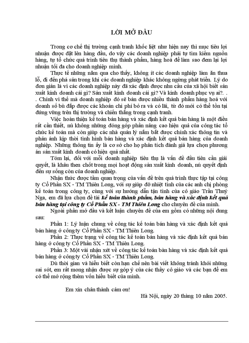Tổ chức cụng tỏc bỏn hàng và xỏc định kết quả bán hàng tại cụng ty cổ phần SX TM Thiờn Long chi nhỏnh tại Hà Nội 1