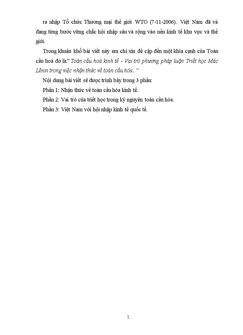 Toàn cầu hoá kinh tế Vai trò phương pháp luận Triết học Mác Lênin trong việc nhận thức về toàn cầu hóa 1