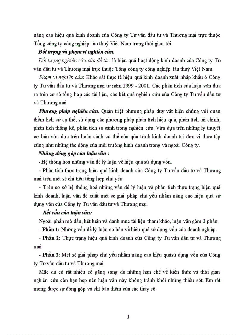 Một số biện pháp nhằm nâng cao hiệu quả sử dụng vốn của Công ty Tư vấn đầu tư và Thương mại 1