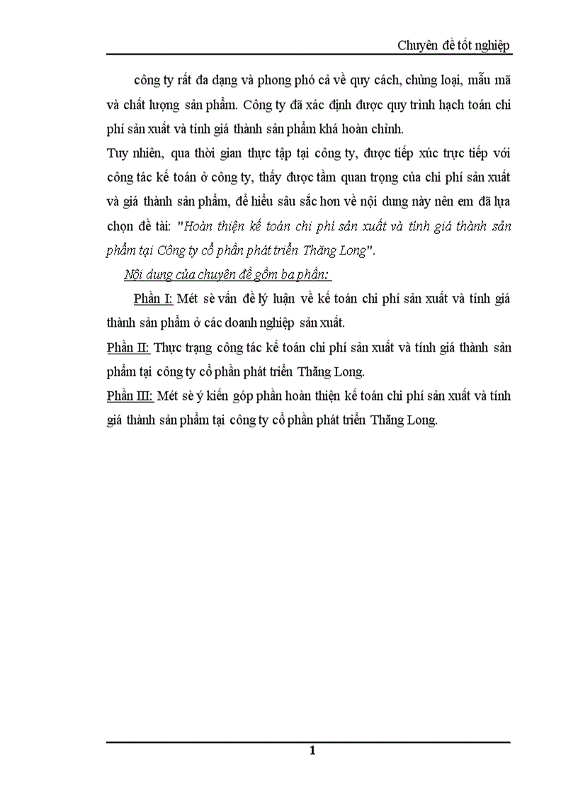Hoàn thiện kế toán chi phí sản xuất và tính giá thành sản phẩm tại Công ty cổ phần phát triển Thăng Long 1