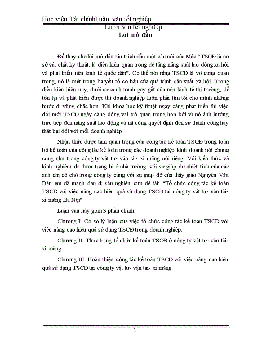 Tổ chức công tác kế toán TSCĐ với việc nâng cao hiệu quả sử dụng TSCĐ tại công ty vật tư vận tải xi măng Hà Nội