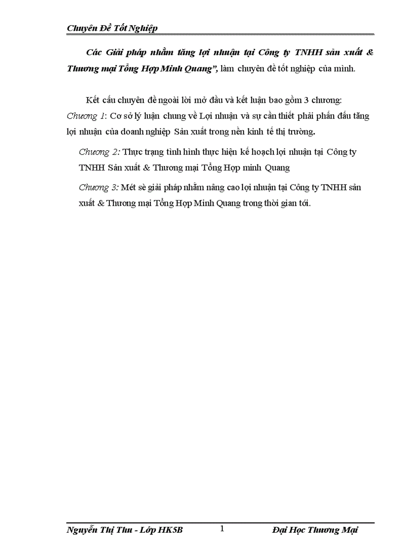 Kế Hoạch Lợi nhuận và Các Giải pháp nhằm tăng lợi nhuận tại Công ty TNHH sản xuất Thương mại Tổng Hợp Minh Quang