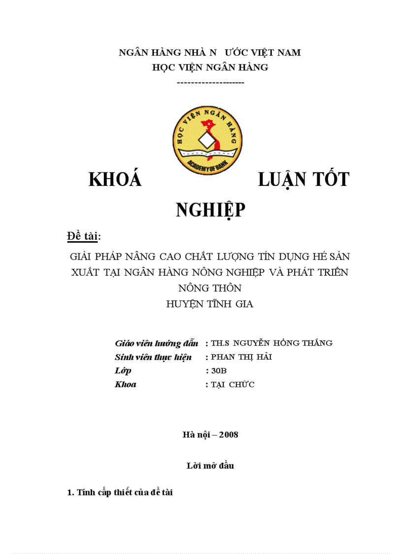 Giải pháp nâng cao chất lượng tín dụng hộ sản xuất tại NHNNo PTNT huyện Tĩnh gia Thanh Hóa