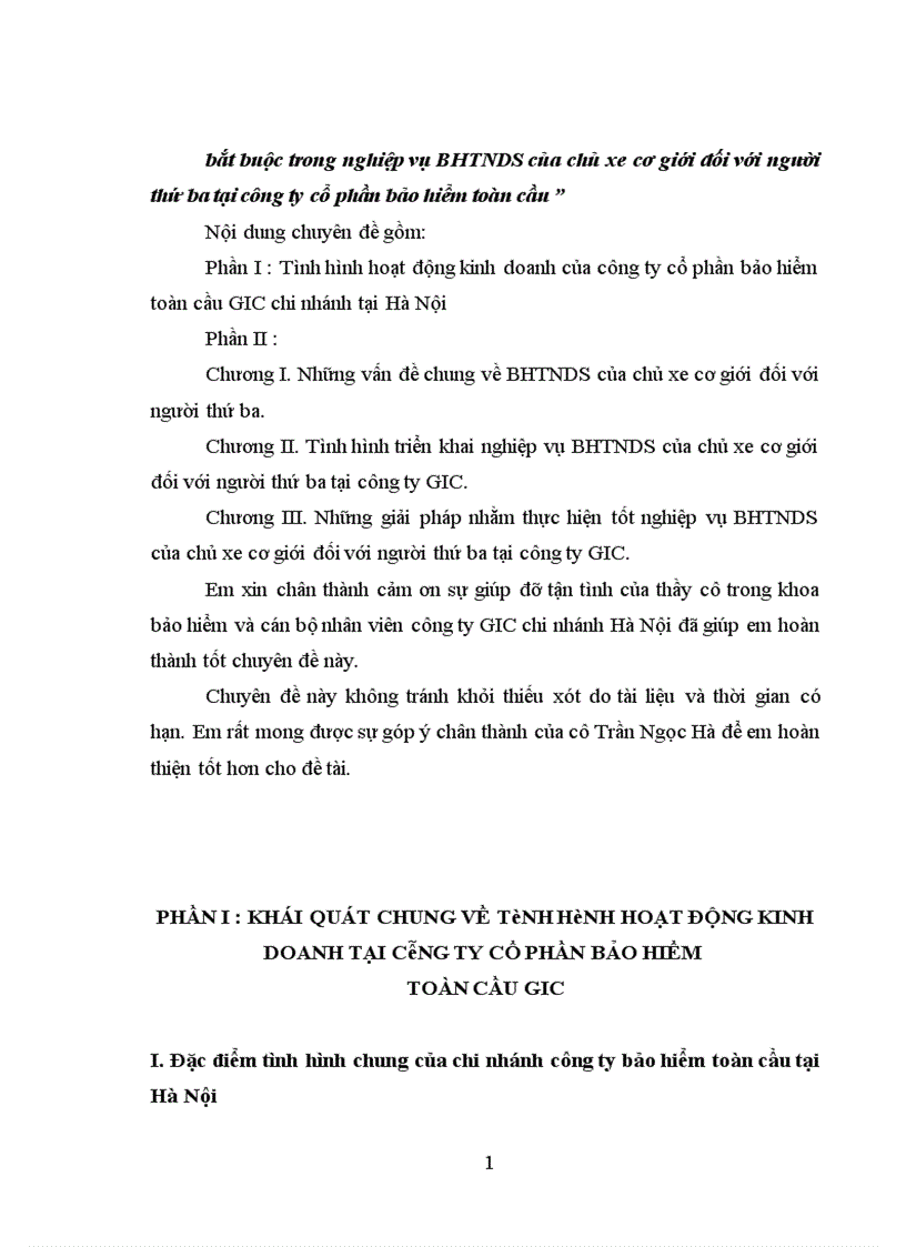 Thực trạng và những giải pháp nhằm nâng cao tính bắt buộc trong nghiệp vụ BHTNDS của chủ xe cơ giới đối với người thứ ba tại công ty cổ phần bảo hiểm toàn cầu 1