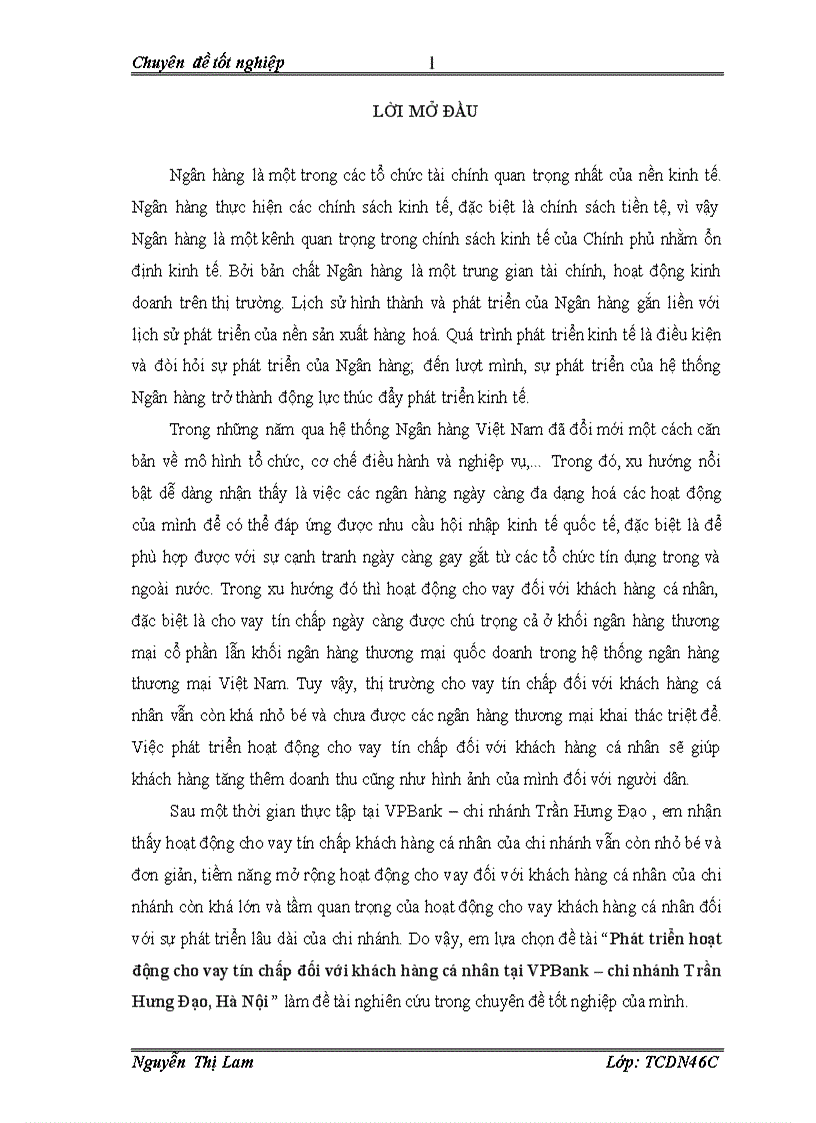 Phát triển hoạt động cho vay tín chấp đối với khách hàng cá nhân tại VPBank chi nhánh Trần Hưng Đạo Hà Nội 1