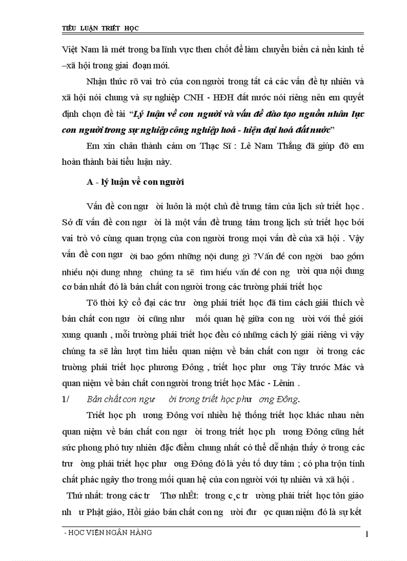 Lý luận về con người và vấn đề đào tạo nguồn nhân lực con người trong sự nghiệp công nghiệp hoá hiện đại hoá đất nước 1