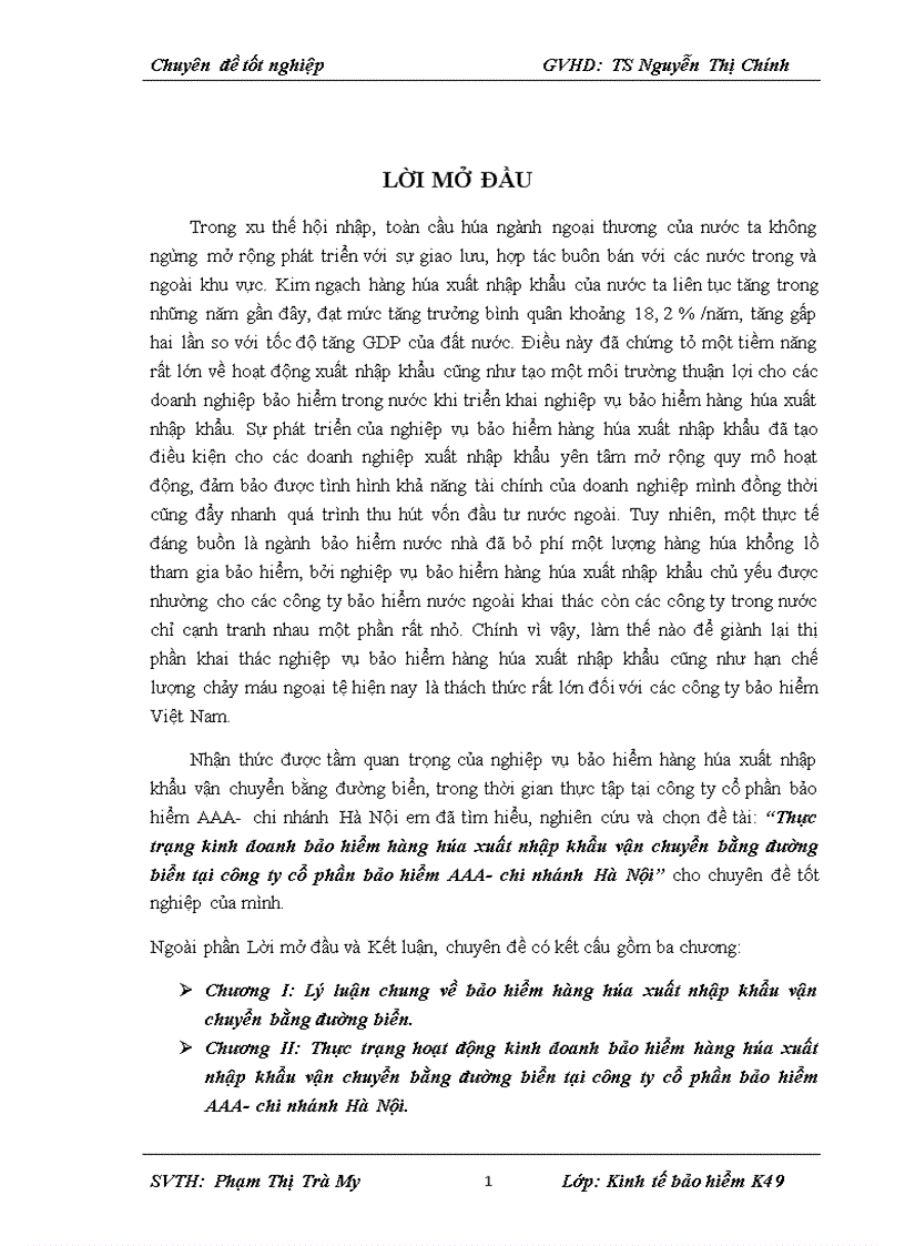 Thực trạng kinh doanh bảo hiểm hàng hóa xuất nhập khẩu vận chuyển bằng đường biển tại công ty cổ phần bảo hiểm AAA chi nhánh Hà Nội 1