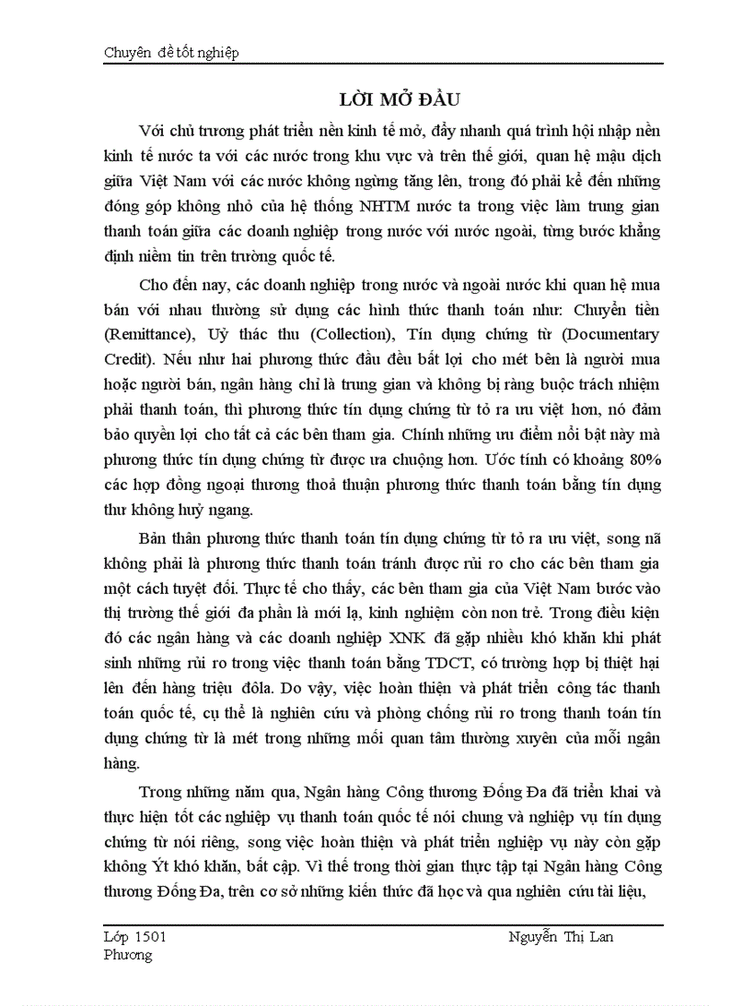 Giải pháp nhằm hạn chế rủi ro trong phương thức thanh toán tín dụng chứng từ tại Ngân hàng Công thương Đống Đa 1