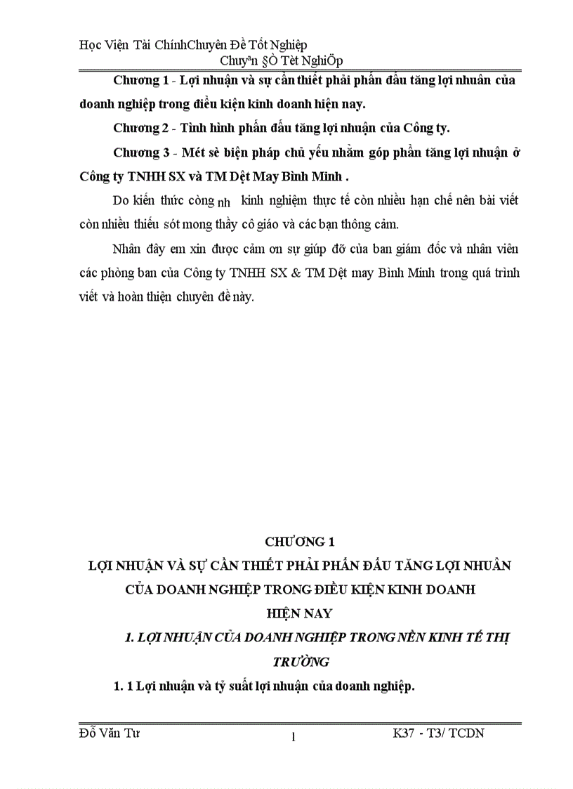 Lợi nhuận và một số biện pháp cơ bản góp phần tăng lợi nhuận ở Công ty TNHH SX và TM Dệt May Bình Minh