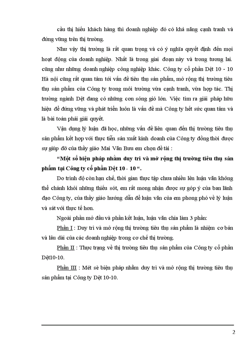 Một số biện pháp nhằm duy trì và mở rộng thị trường tiêu thụ sản phẩm tại Công ty cổ phần Dệt 10 10 1