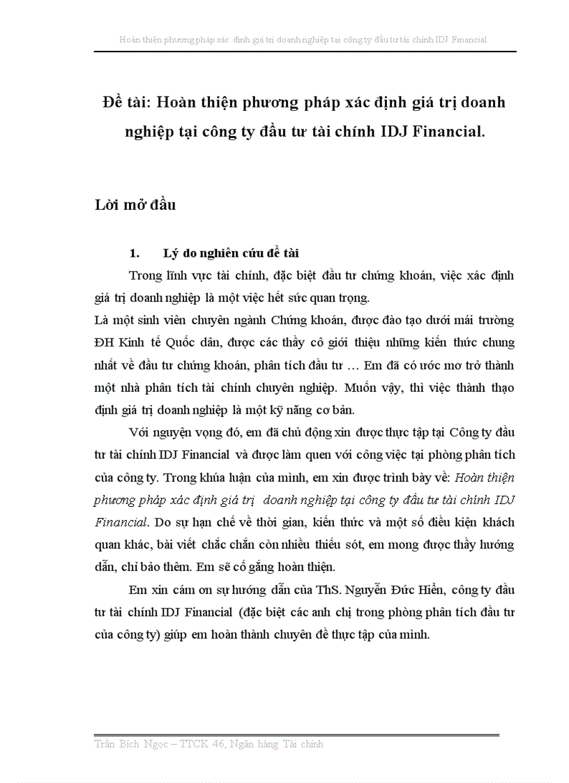 Hoàn thiện phương pháp xác định giá trị doanh nghiệp tại công ty đầu tư tài chính IDJ Financial 1