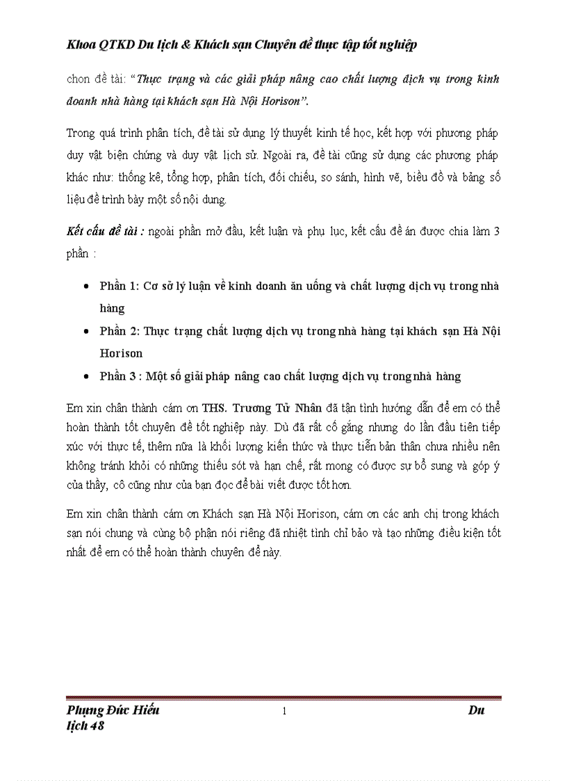 Thực trạng và các giải pháp nâng cao chất lượng dịch vụ trong kinh doanh nhà hàng tại khách sạn Hà Nội Horison