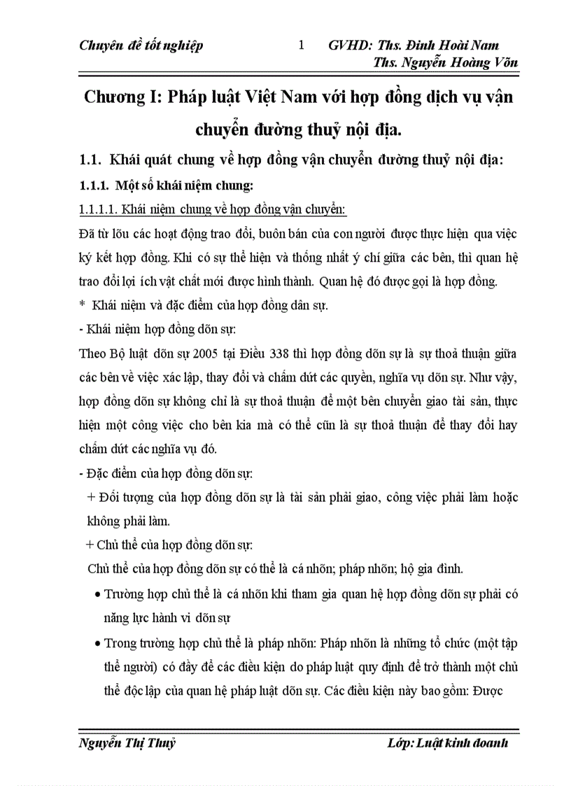 Thực tiễn áp dụng pháp luật trong việc ký kết và thực hiện hợp đồng vận chuyển đường thuỷ tại Chi nhánh Hoà Bình thuộc TCT vận tải thuỷ