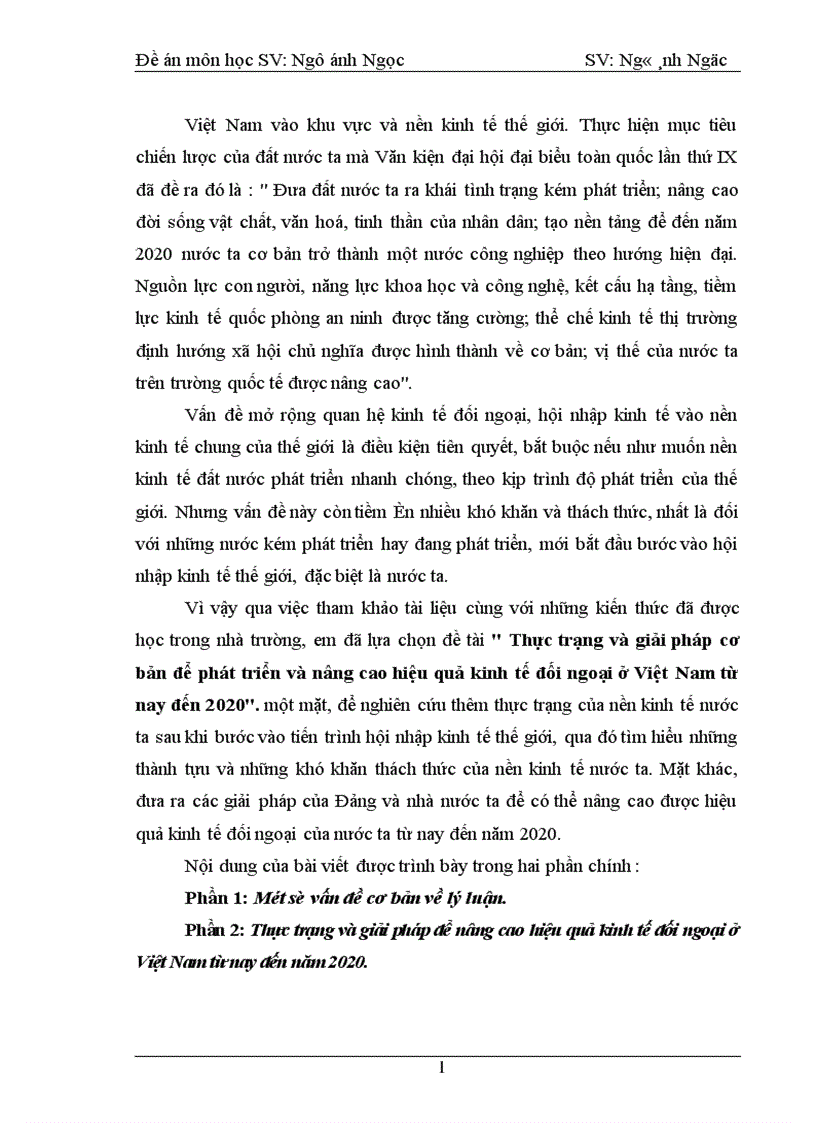 Thực trạng và giải pháp cơ bản để phát triển và nâng cao hiệu quả kinh tế đối ngoại ở việt nam từ nay đến 2020 1