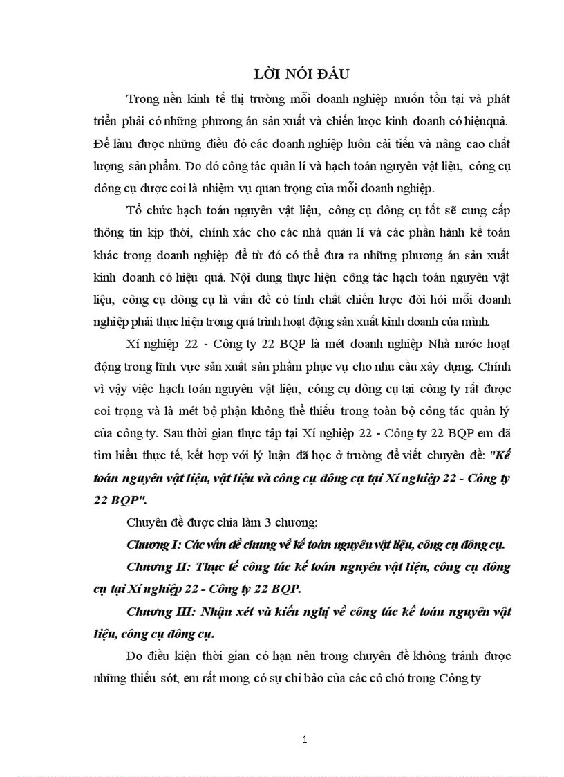 Kế toán nguyên vật liệu vật liệu và công cụ dụng cụ tại Xí nghiệp 22 Công ty 22 BQP 1