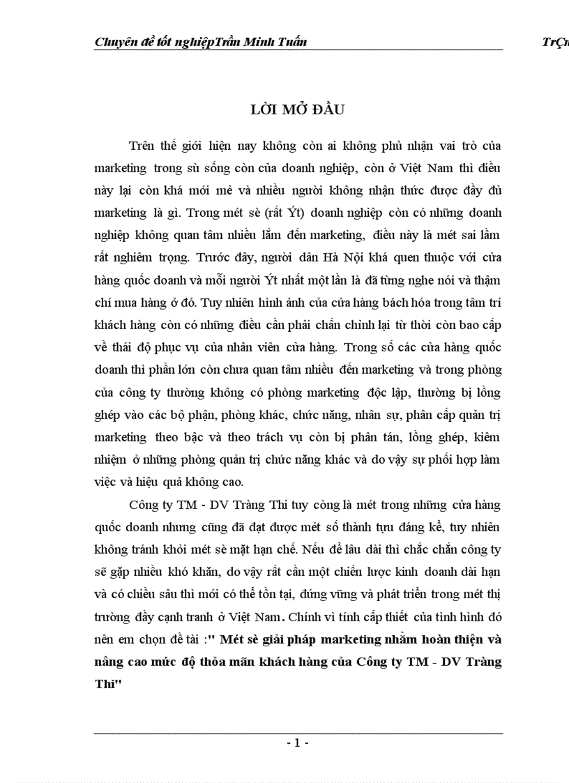 image for page Một số giải pháp marketing nhằm hoàn thiện và nâng cao mức độ thỏa mãn khách hàng của Công ty TM DV Tràng Thi 1